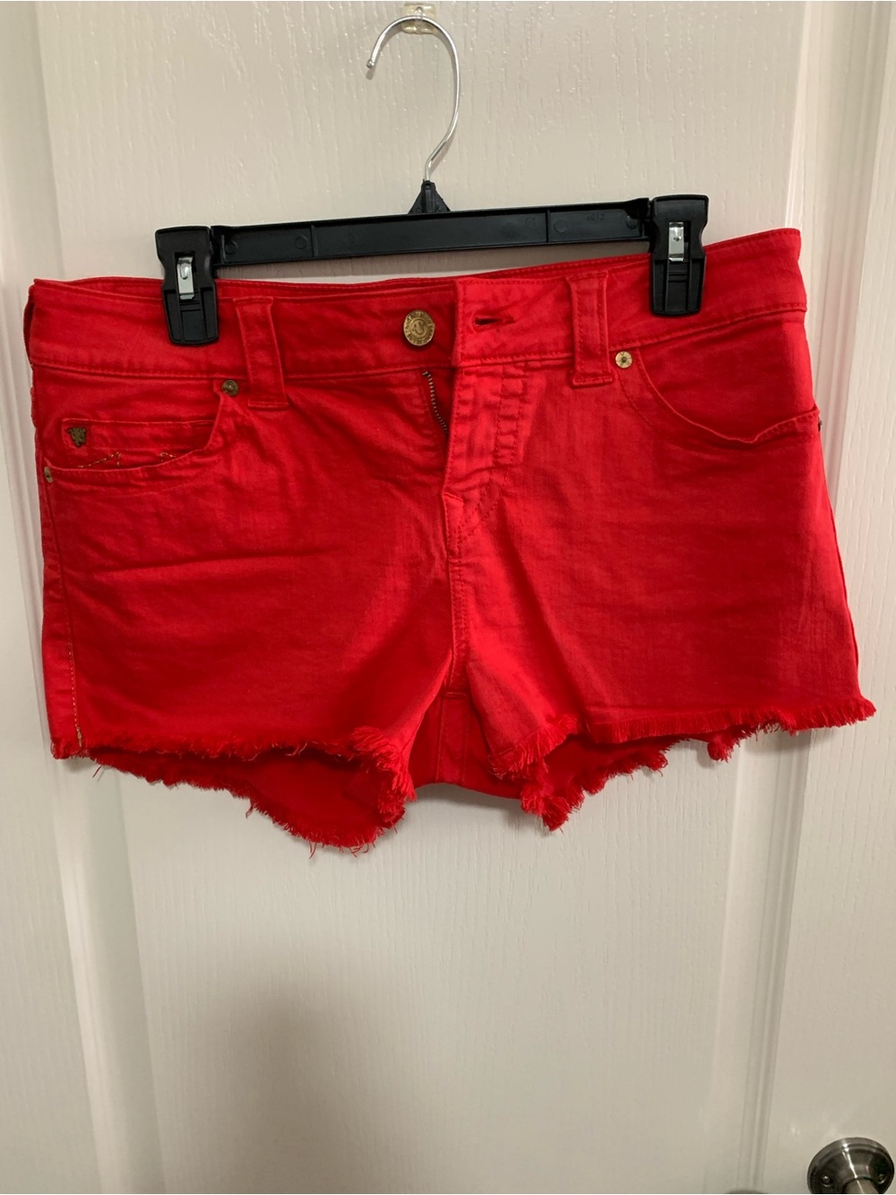 True Religion Bright Red Denim Cutoff Shorts